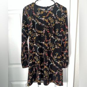 Loft Long Sleeve Black Floral Print Dress, size 0